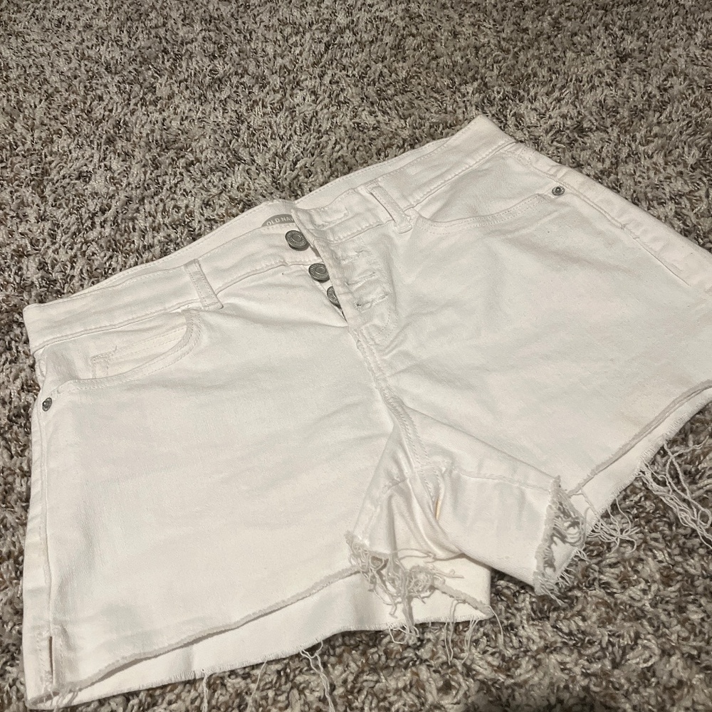 Button fly white denim shorts